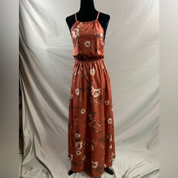 Redwood Floral Print Crisscross Backless Split Thigh Halter Dress - Picture 6 of 6